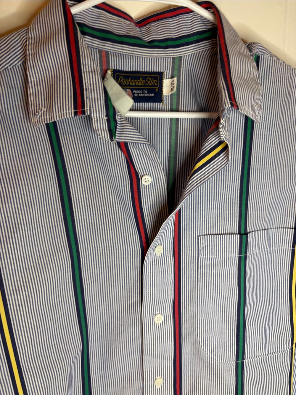 VTG Panhandle Slim Men XL Multi Stripe Short Sleeve Button Down Shirt Blue Green